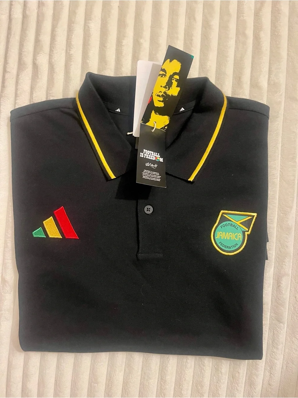 Adidas x Bob Marley Black Polo Shirt w/ Yellow, Green Trim - Jamaica Collab